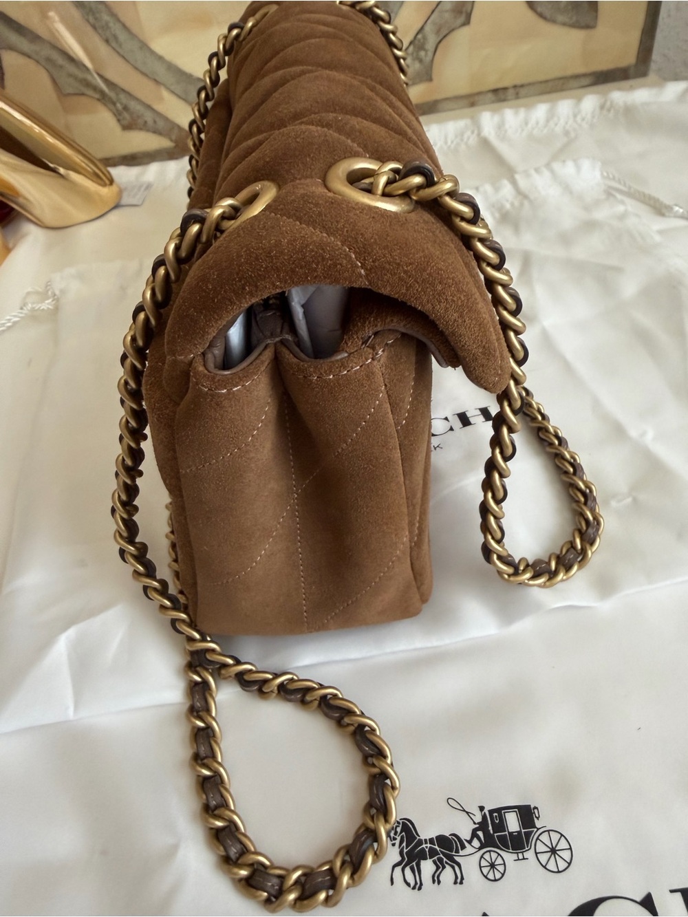 Coach Quilted Tabby 26 Cedar Suede Shoulder Bag with Gold Hardware - Picture 7 of 17